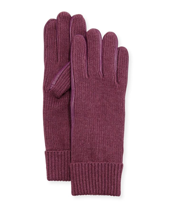 Leather-trim Knit Gloves, Purple