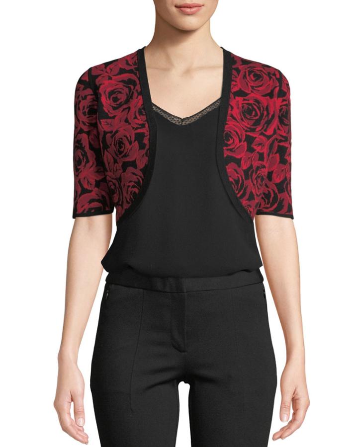 Floral Jacquard Shrug Cardigan, Red/black