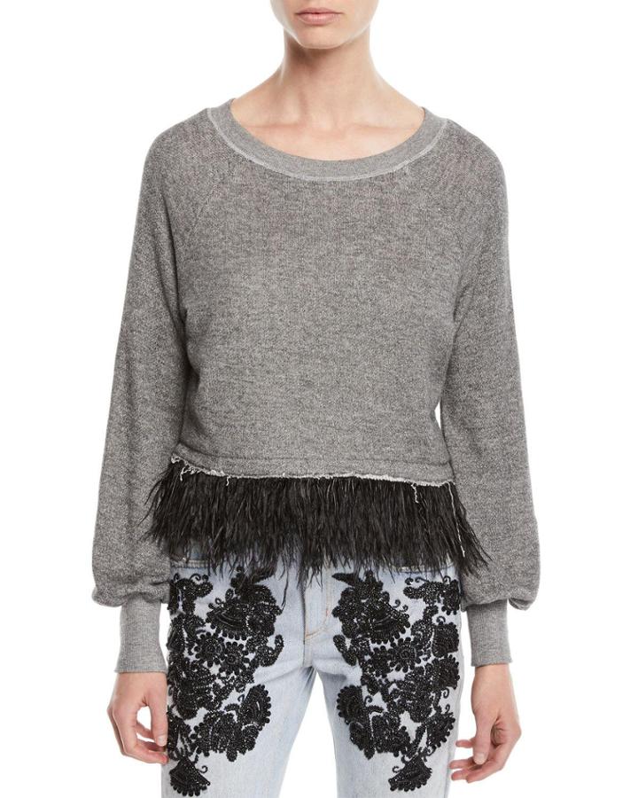 Super Fine Fringe Pullover Sweater W/ Feathers
