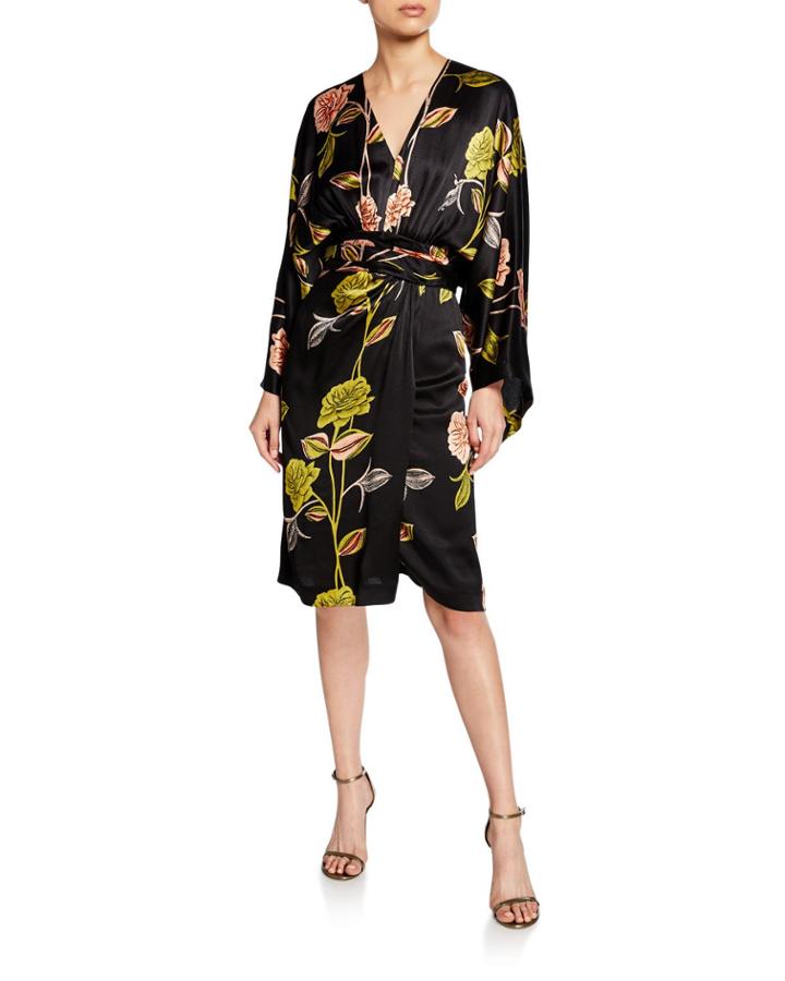 Spaced Rose-print Hammered Satin Cocktail Dress