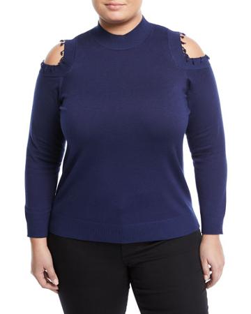 Tassel Cold-shoulder Mock-neck Sweater,