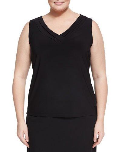 Pleated V-neck Jersey Blouse, Black,