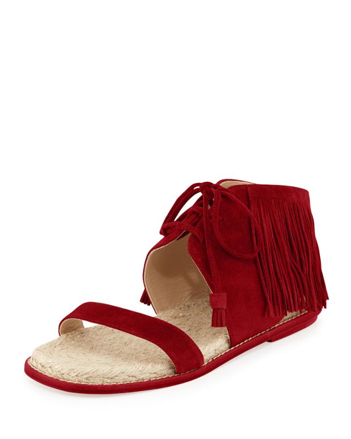 Shantou Fringe Suede Flat Sandal, Dragon Red