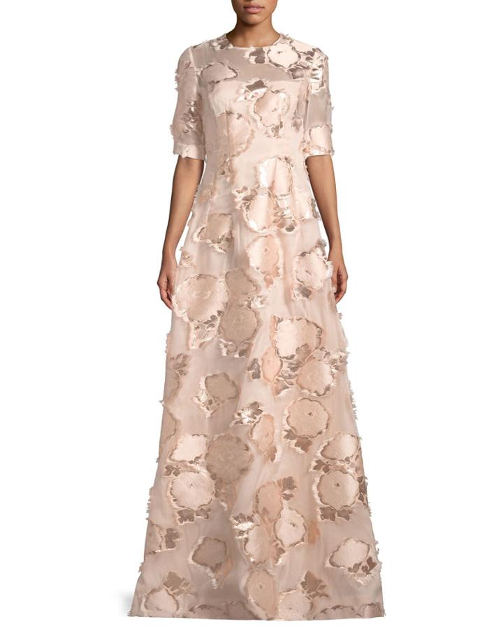 Holly Elbow-sleeve Embroidered A-line Evening Gown