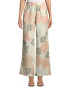 Linen-blend Wide-leg Floral Pants