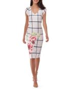 Cap-sleeve Printed Sheath Dress, White/pink