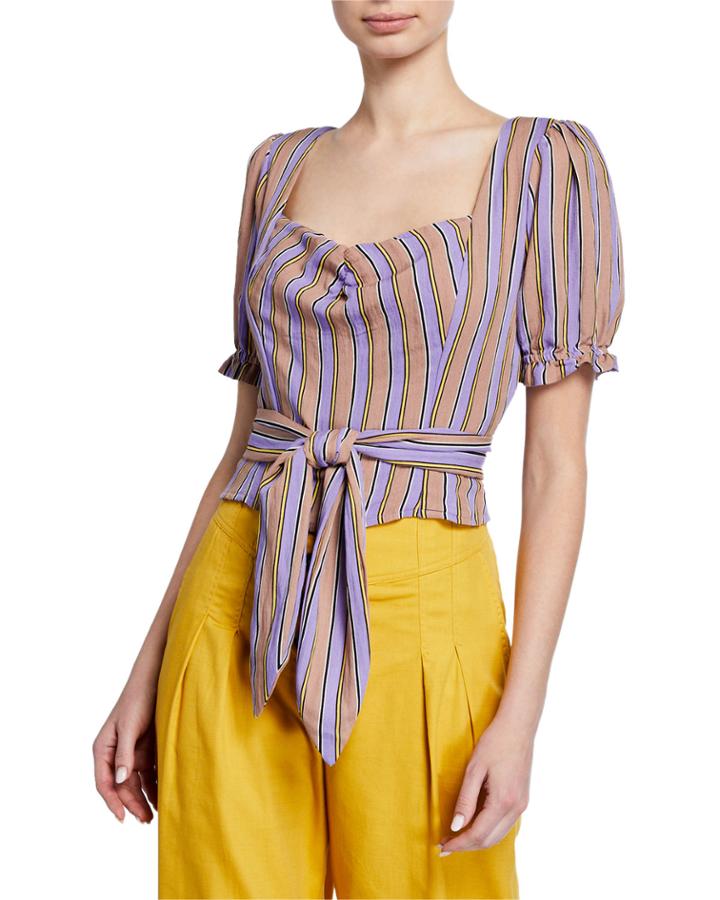 Striped Sweetheart Short-sleeve Wrap Crop Top