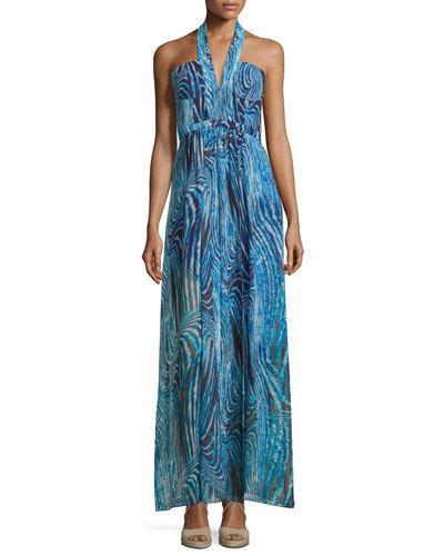 Starr Printed Halter Gown, Royal Blue