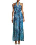 Starr Printed Halter Gown, Royal Blue