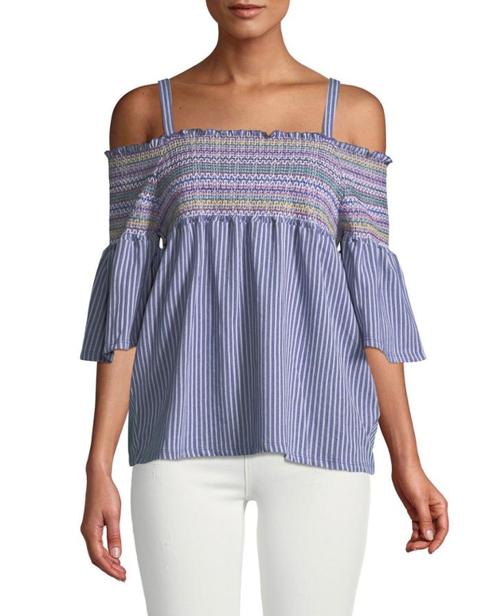 Cold-shoulder Smocked Bell-sleeve Blouse
