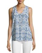 Alena Ikat-print Silk Tank, Dark Navy