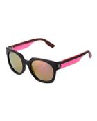 Mirrored Modified Oval Acetate Sunglasses, Black/pink Fluorescent