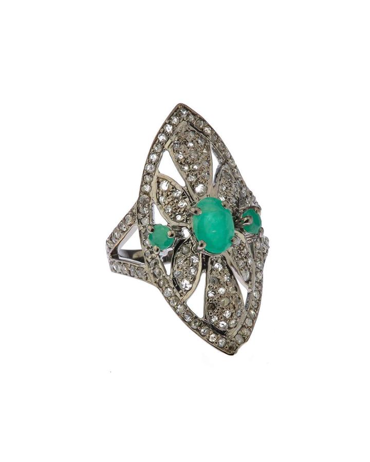 Silver Marquise Flower Ring With Emeralds & Diamonds,
