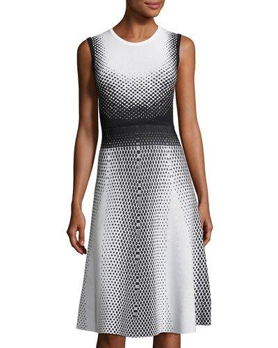 Ombr&eacute; Polka-dot Crewneck Dress, Black/white