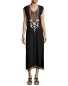 Embroidered Side-slit Jersey Maxi Dress, Black