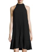 Pleated Mock-neck Trapeze Dress, Black