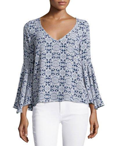 Mystic Printed V-neck Top, Navy/white