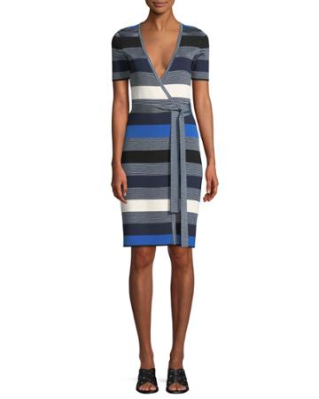 Striped Short-sleeve Sweater Wrap Dress