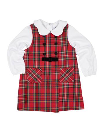 Girl's Tartan Plaid Jumper W/ Scalloped Collar Blouse, Size