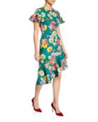 Breelle Floral-print Flutter-sleeve Asymmetric Flounce Dress