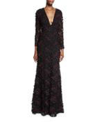 Long-sleeve Beaded Lace Gown, Onyx