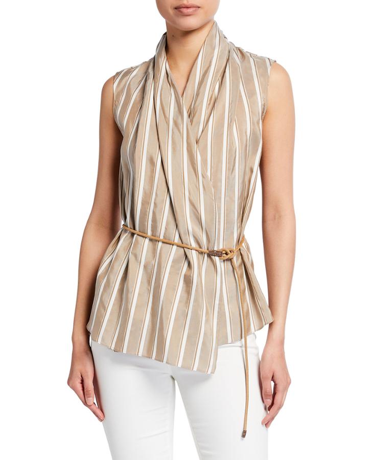 Sleeveless Striped Silk Wrap Top W/