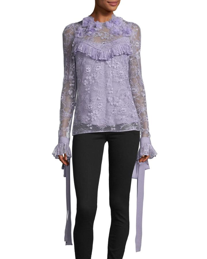 Floral-appliqu&eacute; Ruffled Lace Blouse,