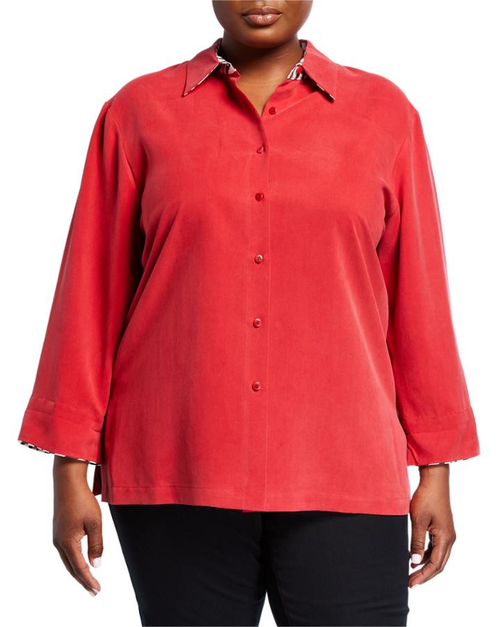Plus Size Button-front Big Shirt W/ Printed Trim