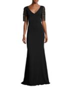 Beaded Fringe-sleeve V-neck Crepe Evening Gown