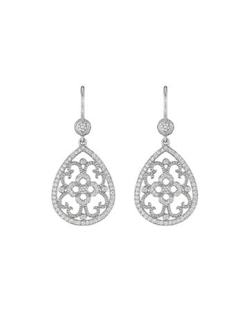 18k White Gold Lace Pear Shape Earring With Bezel Top On French Wire