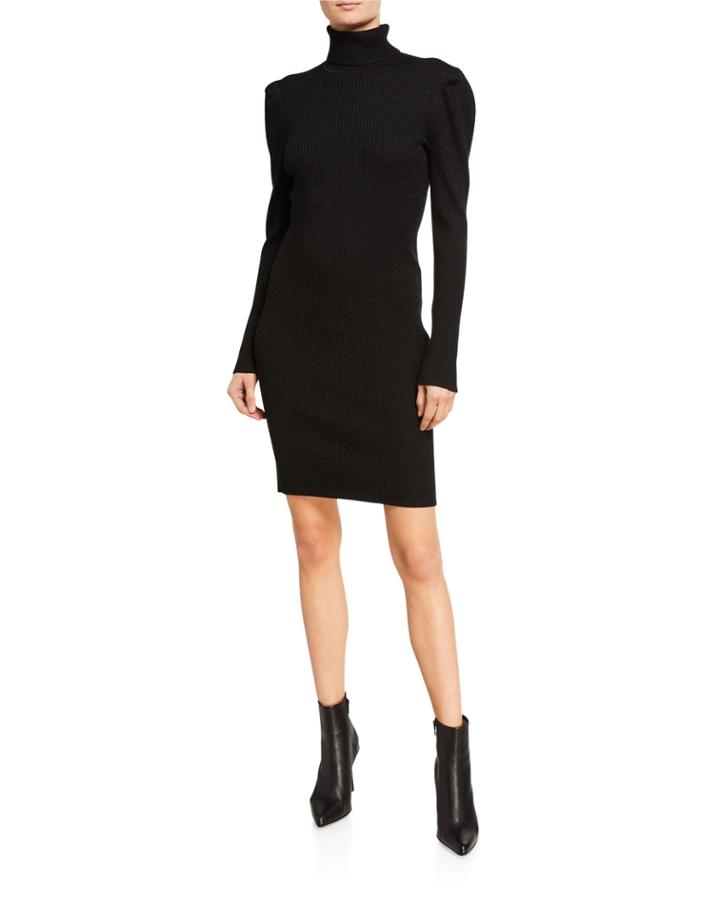 Turtleneck Metallic Puff-sleeve Dress