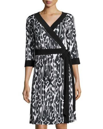 Ikat-print 3/4-sleeve Wrap Dress, Black/white