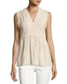 Crochet-trim Dobby Sleeveless Blouse, Off White