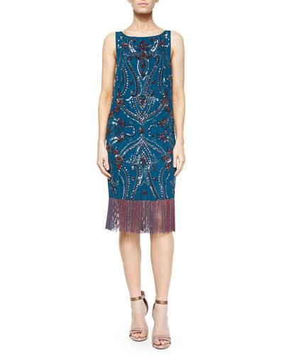Sleeveless Embroidered Dress W/ Fringe Hem