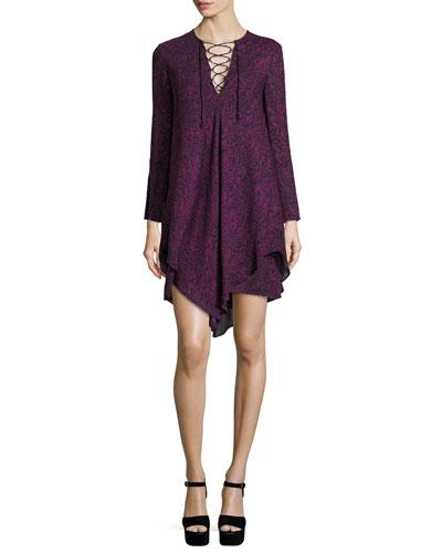 Long-sleeve Lace-up Swing Dress, Midnight/multicolor