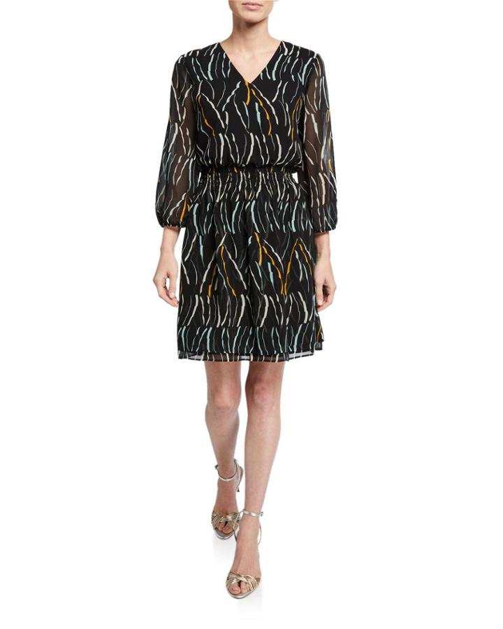 Printed Chiffon Bubble-sleeve Dress