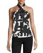 Graphic-print Halter-neck Top, Black