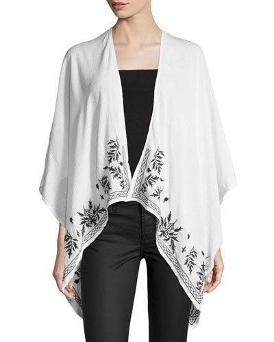Ruana Embroidered Wrap, White/black