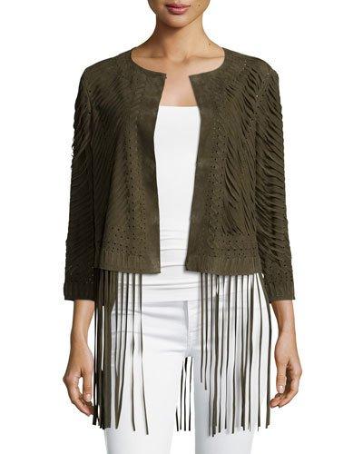 Laser-cut Suede Jacket With Fringe Trim, Green