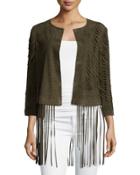 Laser-cut Suede Jacket With Fringe Trim, Green