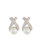 14k Diamond Crossover Pearl Drop Earrings