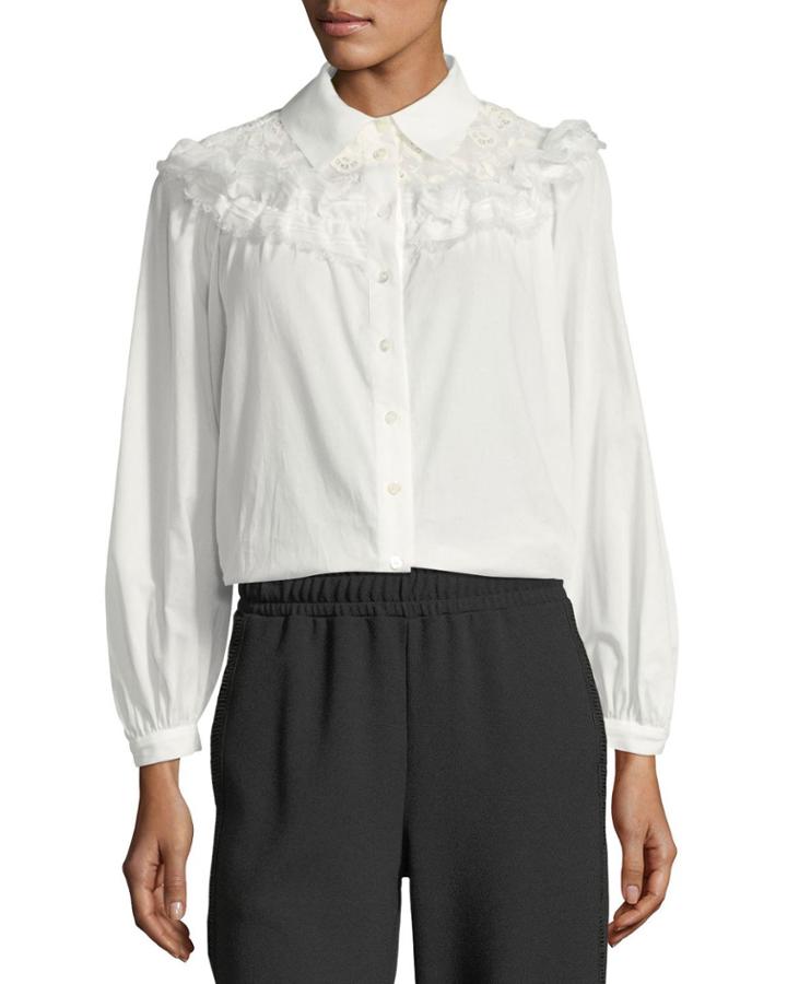 Button-front Cotton Blouse With Ruffled Trim