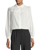 Button-front Cotton Blouse With Ruffled Trim