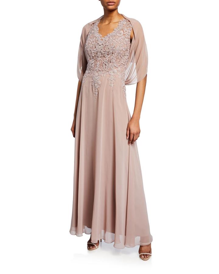 Scalloped Embroidered V-neck Gown
