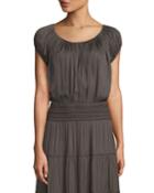 Cap-sleeve Ruched-neck Top