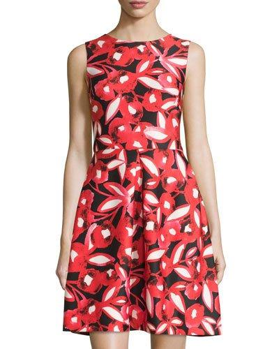 Sleeveless Floral-print Dress, Red/black