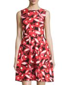 Sleeveless Floral-print Dress, Red/black