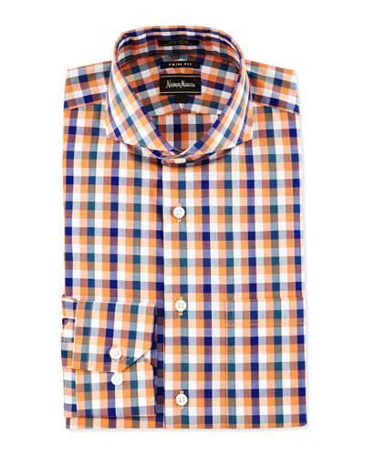Trim-fit Regular-finish Check Dress Shirt, Orange/blue