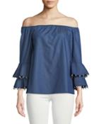 Off-the-shoulder Chambray Pearl-trim Blouse