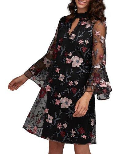 Bell-sleeve Floral-embroidered Dress